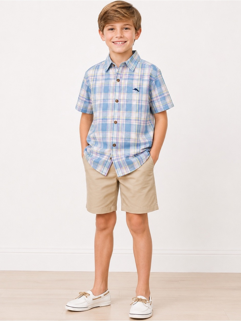 Tommy Bahama Boys Blue Plaid Short Sleeve Button Down Shirt | Size 7/8